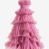 Vanessa |Pink Strapless A-Line Tiered Crinkled Tulle Prom Dress