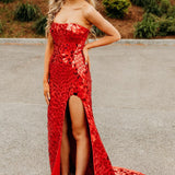 Veilance | Red Strapless Mermaid Sequins Long Prom Dresses With Split