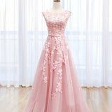 Irene | Pink Tulle Lace Long Prom Dress, Lovely A-Line Open Back Evening Dress