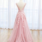 Irene | Pink Tulle Lace Long Prom Dress, Lovely A-Line Open Back Evening Dress