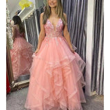 Nanalia | A-Line Prom Dresses Princess Dress Formal Floor Length Sleeveless V Neck Tulle Backless with Pleats Appliques