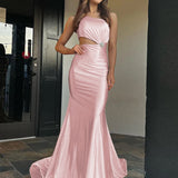 Welsie | Champagne One-Shoulder Mermaid Satin Long Prom Dress