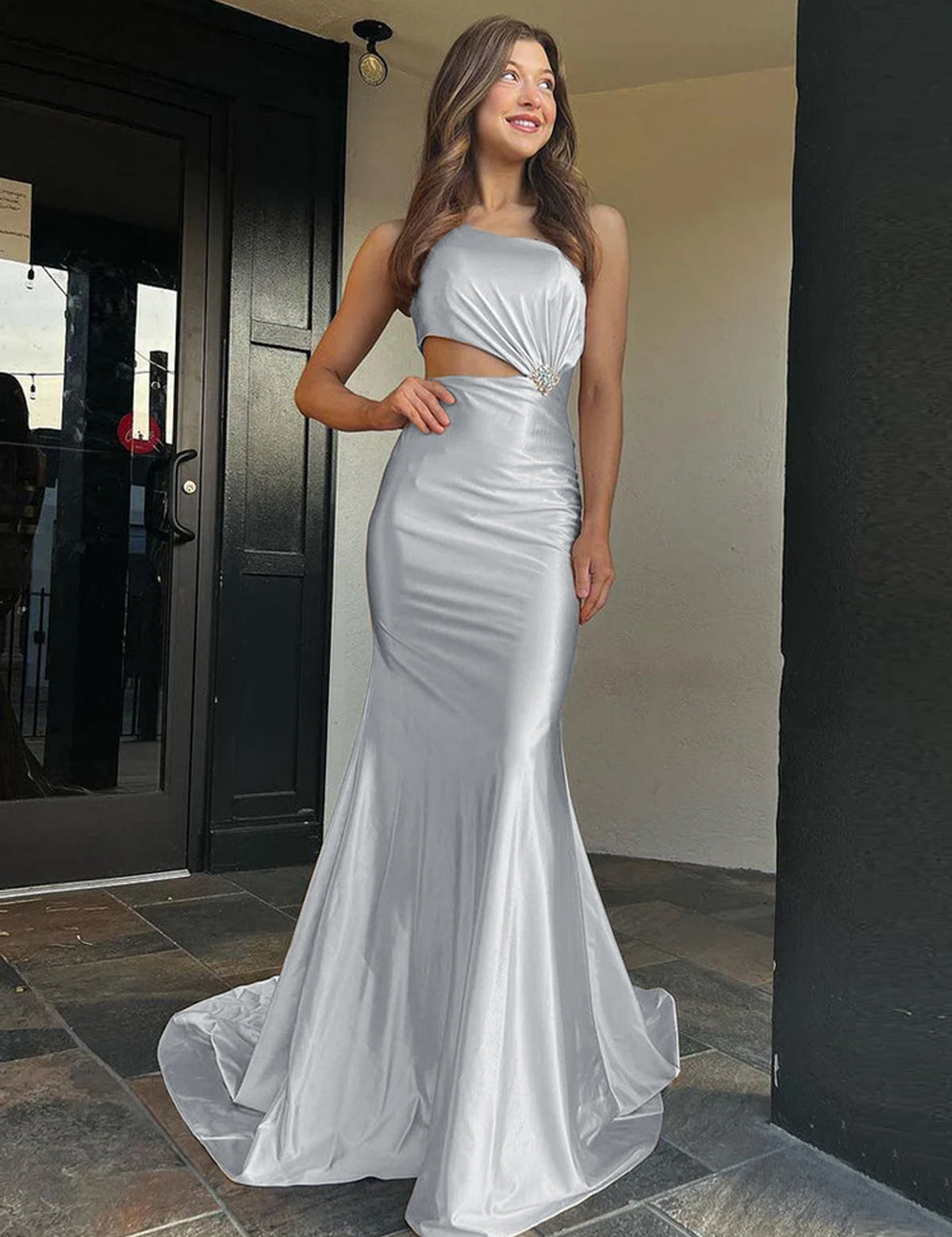 Welsie | Champagne One-Shoulder Mermaid Satin Long Prom Dress