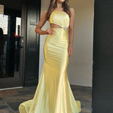 Welsie | Champagne One-Shoulder Mermaid Satin Long Prom Dress