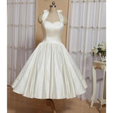 White A-Line Halter Sleeveless Tea Length Satin Bridal Gowns With Bow(s) Pleats