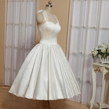 White A-Line Halter Sleeveless Tea Length Satin Bridal Gowns With Bow(s) Pleats