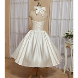 White A-Line Halter Sleeveless Tea Length Satin Bridal Gowns With Bow(s) Pleats