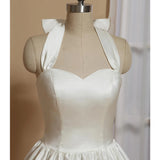 White A-Line Halter Sleeveless Tea Length Satin Bridal Gowns With Bow(s) Pleats