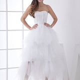 White Classic Strapless Satin High Low Wedding Dress