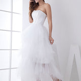 White Classic Strapless Satin High Low Wedding Dress