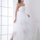 White Classic Strapless Satin High Low Wedding Dress