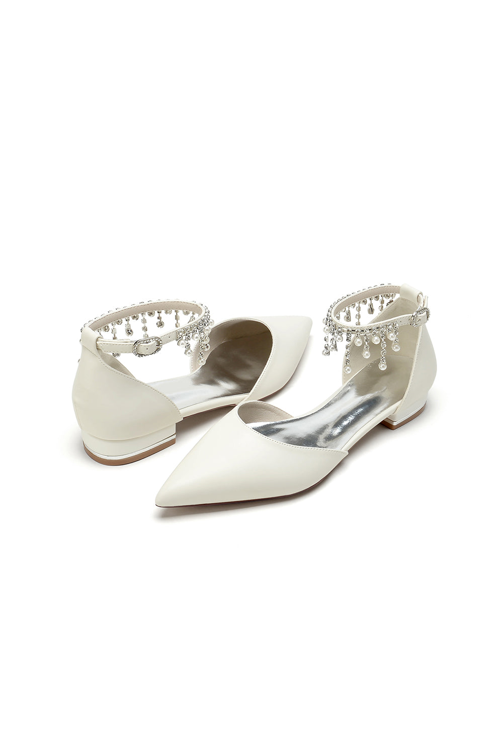 White Pearl Beaded Ankle Strap Pointed Toe Low Heels