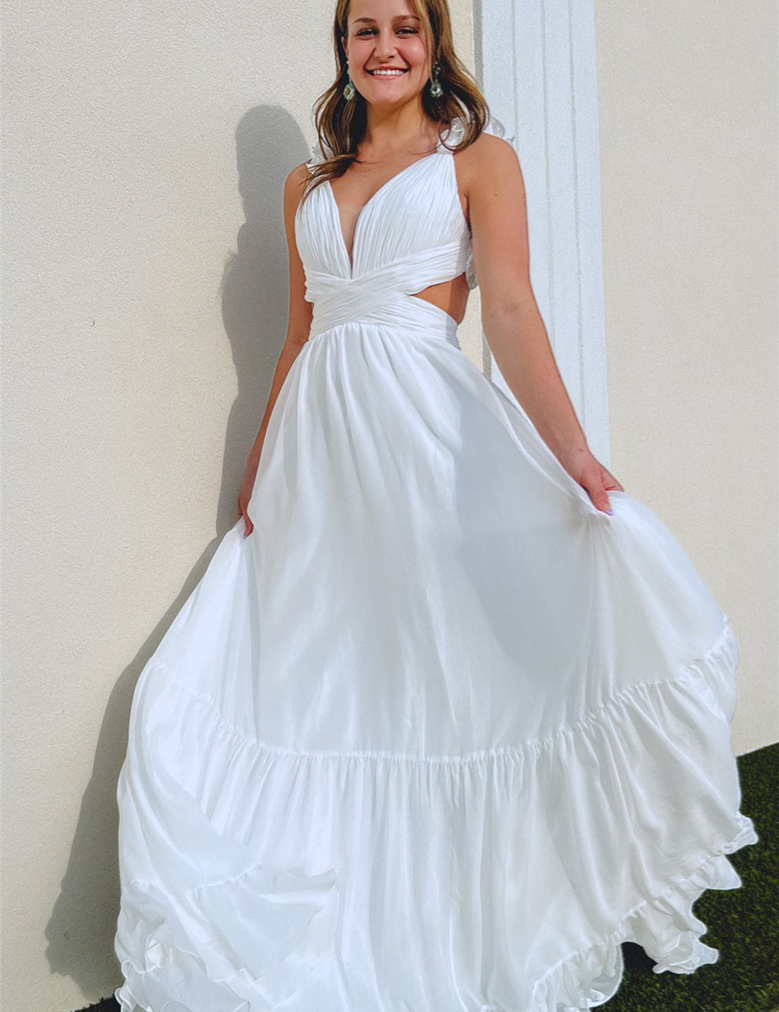 White Ruffle Straps Pleated Cut-Out Deep V Long Prom Dress