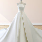 White Satin Cap Sleeve Lace-Up Wedding Dress With Pearls