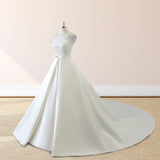 White Satin Cap Sleeve Lace-Up Wedding Dress With Pearls