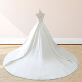 White Satin Cap Sleeve Lace-Up Wedding Dress With Pearls