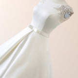 White Satin Cap Sleeve Lace-Up Wedding Dress With Pearls