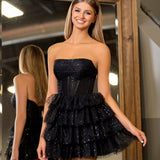 Evita | Black A Line Strapless Tiered Ruffles Homecoming Dress