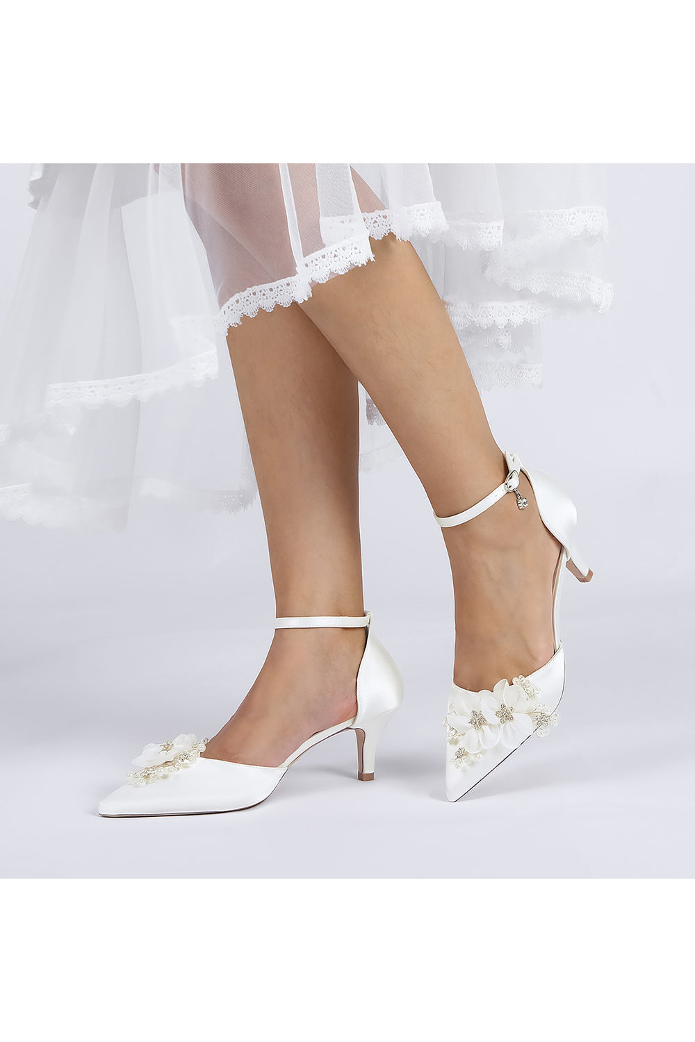 Women&#39;s Wedding Shoes Pointed Toe Ankle Strap Stiletto Heels with Rhinestone Flower