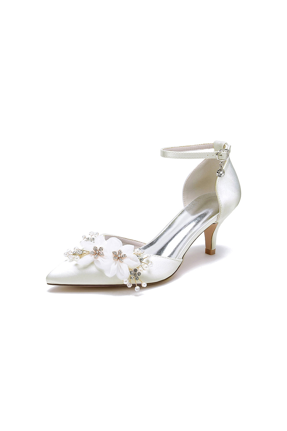 Women&#39;s Wedding Shoes Pointed Toe Ankle Strap Stiletto Heels with Rhinestone Flower