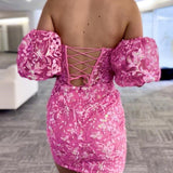 Zahra | Hot Pink Sequin Lace Strapless Short Dress with Detachable Sleeves