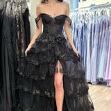 Yaiiua | Black Off the Shoulder Lace Appliques Tiered Prom Dress with Slit