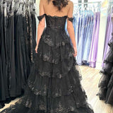 Yaiiua | Black Off the Shoulder Lace Appliques Tiered Prom Dress with Slit