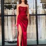 Yana | Burgundy Strapless Satin Mermaid Prom Dress With Appliques