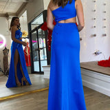 Yonderly | One Shoulder Royal Blue Cut Glass Mirror Long Prom Dress with Slit