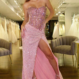 Yves | Pink Sweetheart Sequins Beaded Mermaid Long Prom Dresses