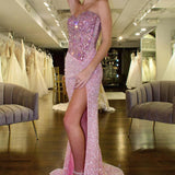 Yves | Pink Sweetheart Sequins Beaded Mermaid Long Prom Dresses