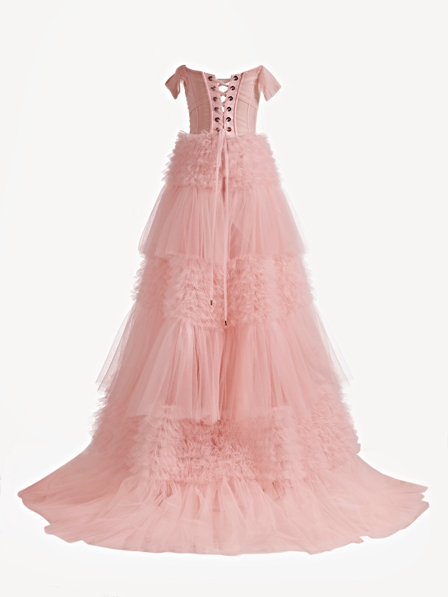 Zariah | Blush Princess A line Off Shoulder Ruffled Tulle Prom Dress