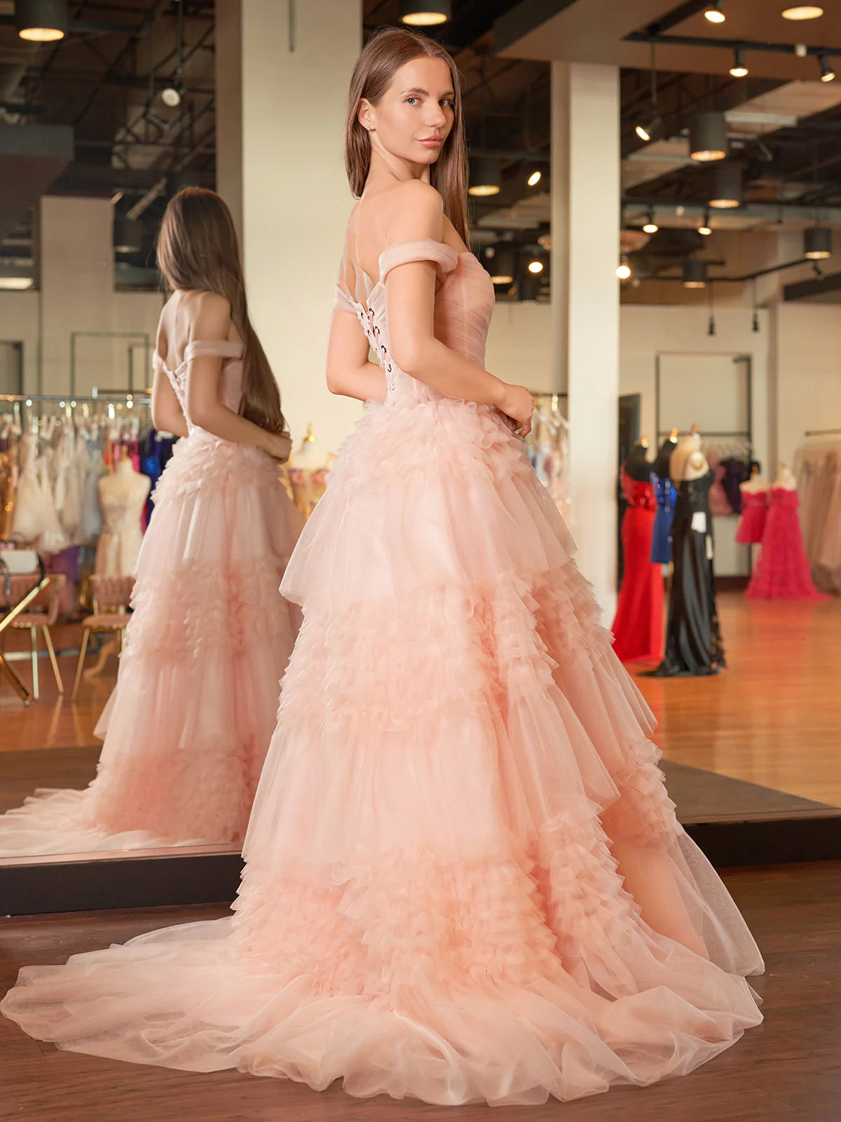 Zariah | Blush Princess A line Off Shoulder Ruffled Tulle Prom Dress