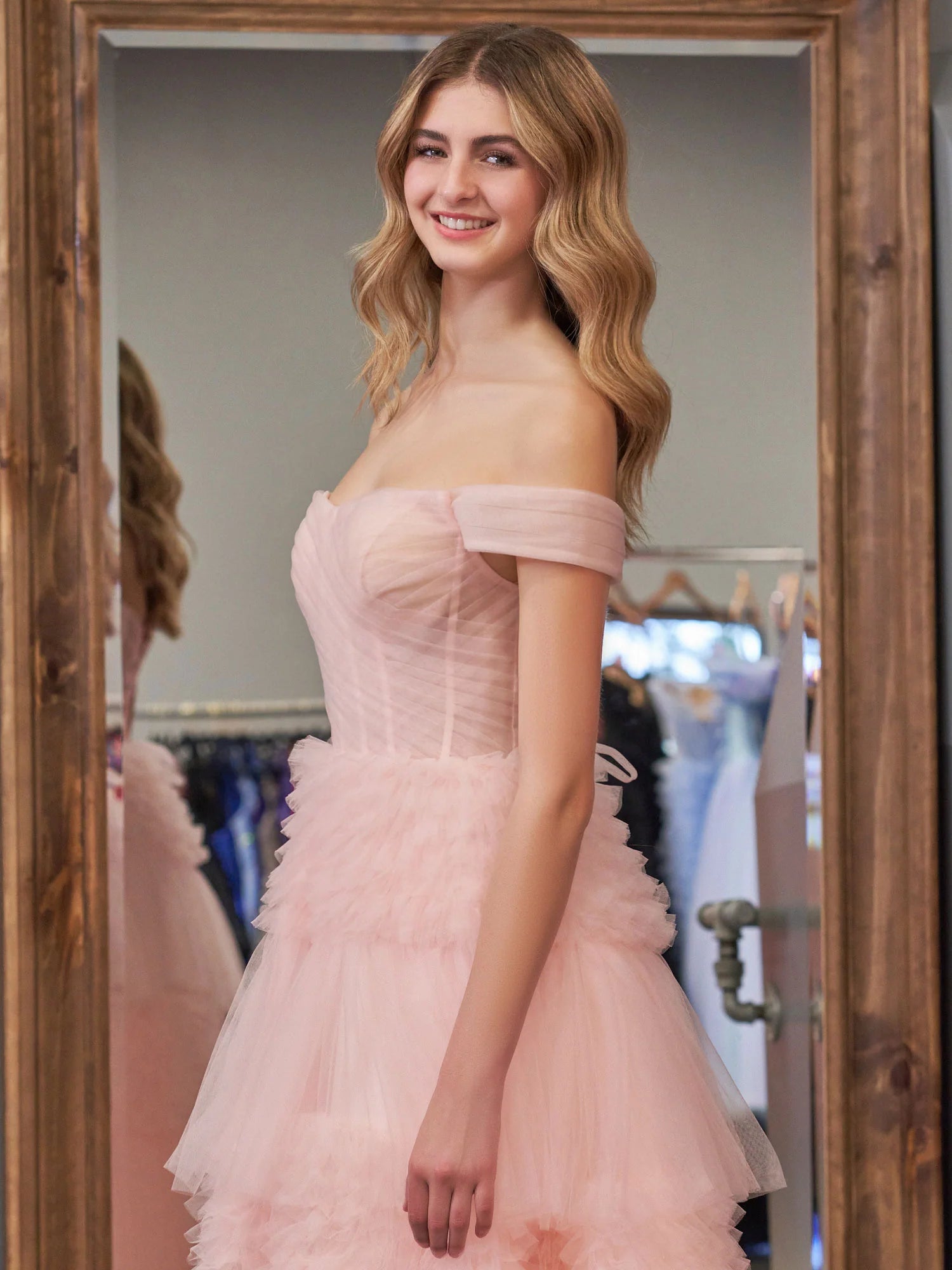 Zariah | Blush Princess A line Off Shoulder Ruffled Tulle Prom Dress