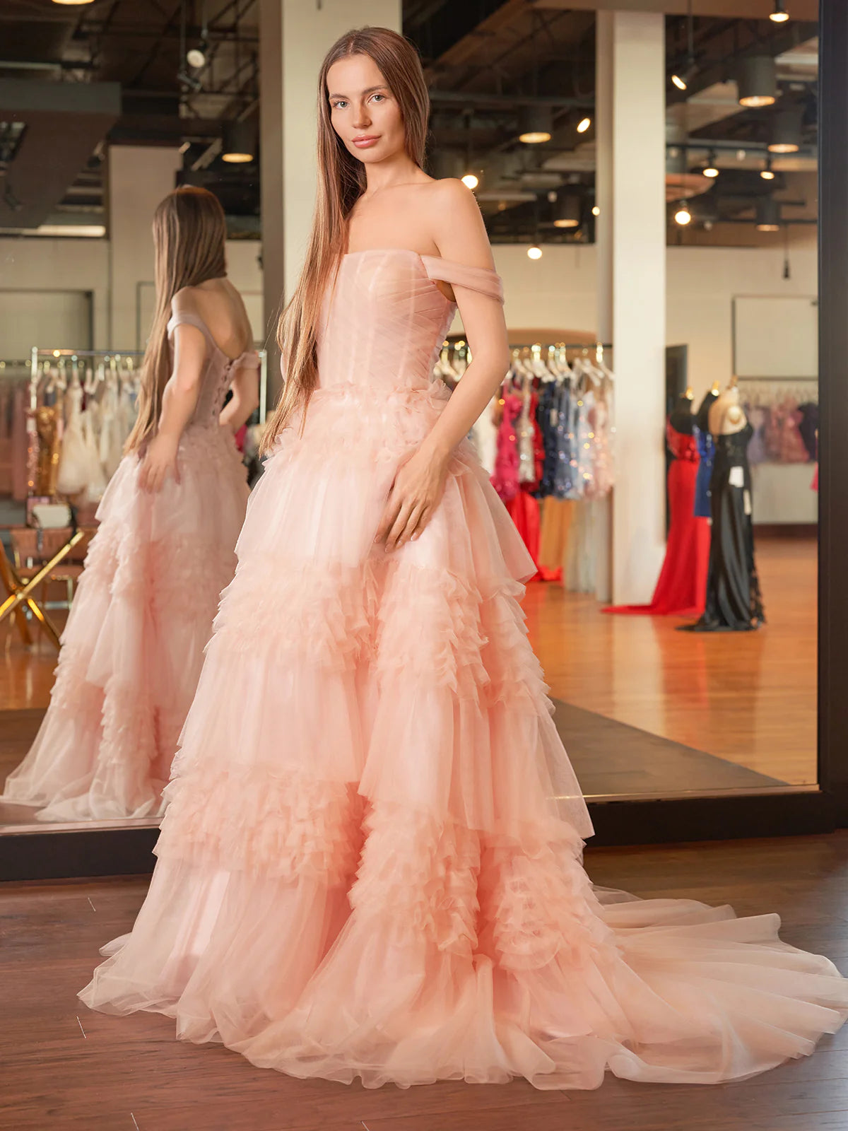 Zariah | Blush Princess A line Off Shoulder Ruffled Tulle Prom Dress