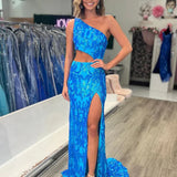 Zayna | Mermaid One Shoulder Keyhole Sequins Lace Long Prom Dresses with Slit