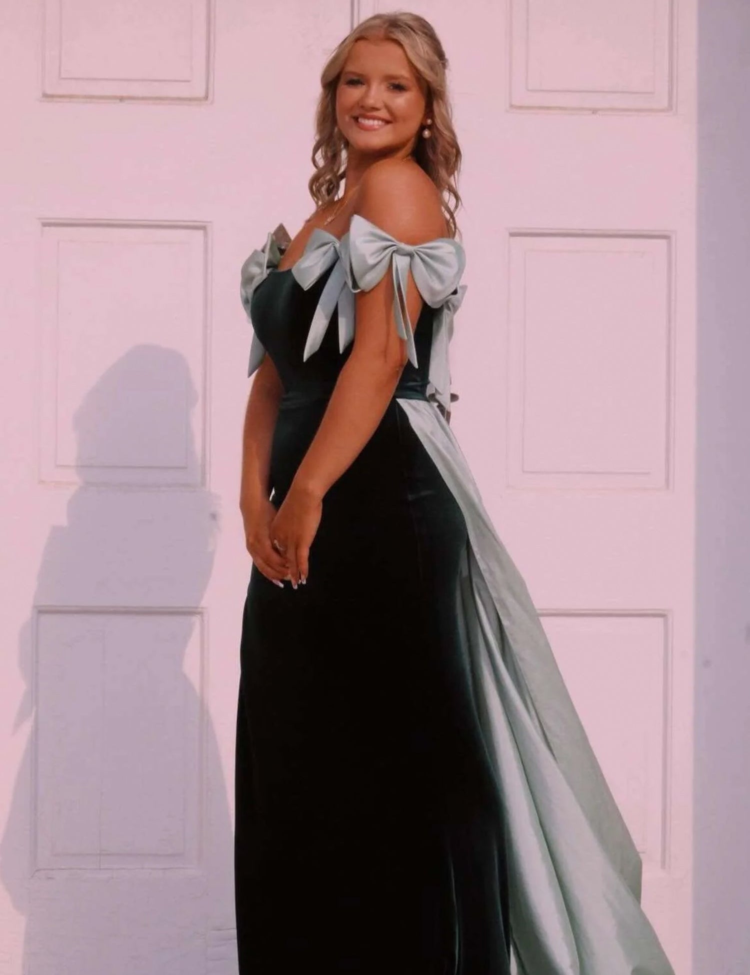 Zia | Off the Shoulder Pink Mermaid Long Velvet Prom Dress with Bows